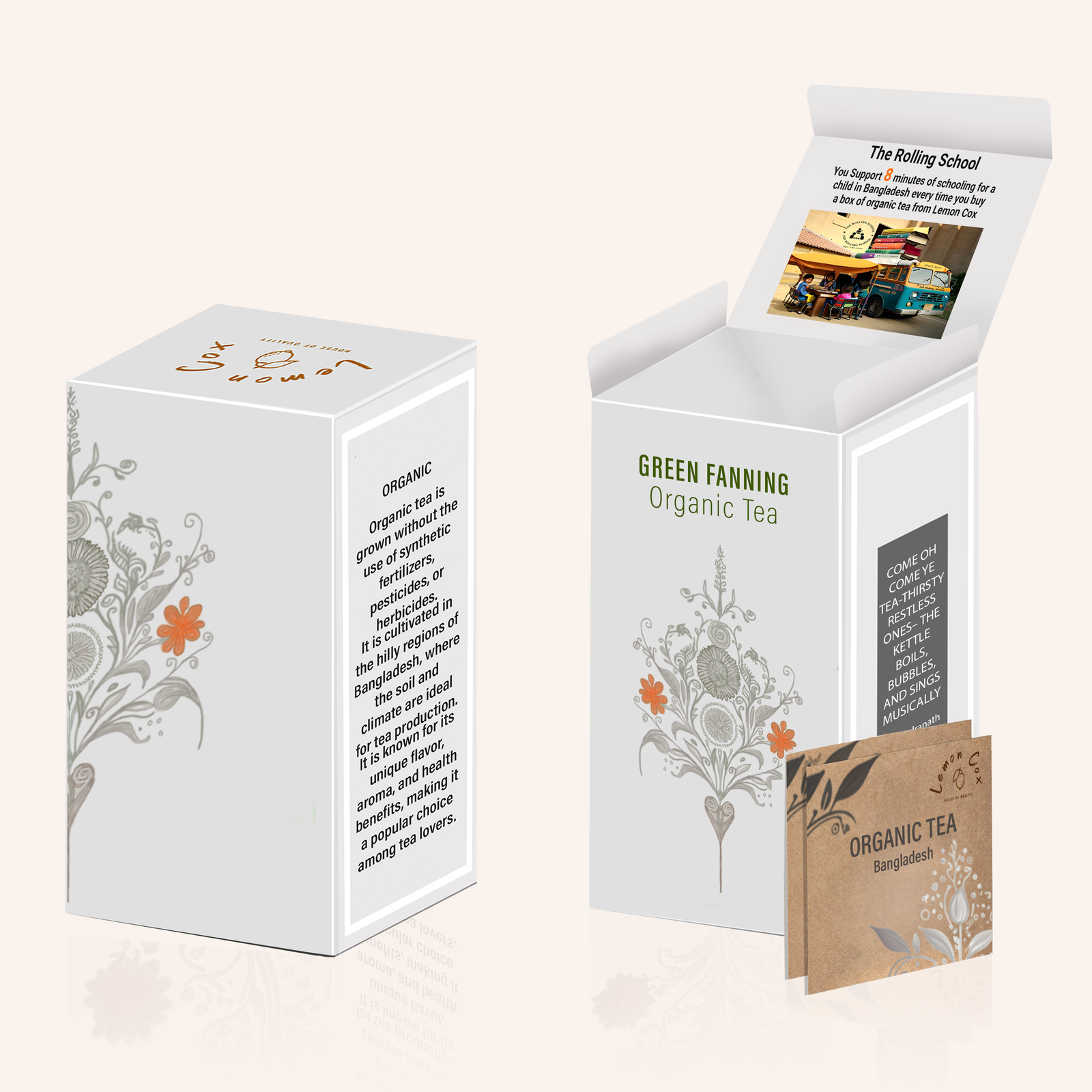 Lemon Cox Green Fanning organic tea carton, shown closed and open with the Rolling School card visible inside the lid